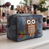 Denim Owl Quilted Makeup Bag, Rustic Woodland Bird Cosmetic Pouch, Travel Toiletry Organizer, Cute O