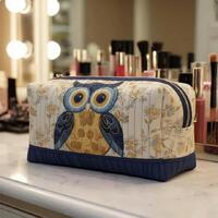 Vintage Owl Quilted Makeup Bag, Cute Owl Cosmetic Pouch, Travel Toiletry Organizer, Botanical Makeup