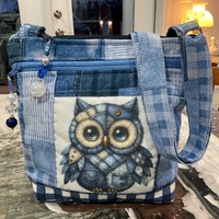 NEW Double Picture Patchwork Owl and Raccoon Small Crossbody or Shoulder Adjustable Strap Fabric Pur