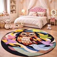 Owl Birds Tufted Rug, Round Kids Room carpet, Colorful Animal Area Rug, Handtufted decor