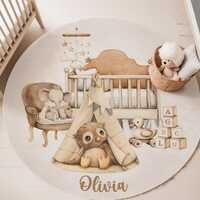 Baby Owl Nursery Round Rug Kids Playroom Mat Room Play Mat Gender Neutral