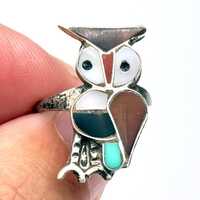Petite Vintage Zuni Native Owl Bird Turquoise Shell Inlay Silver Ring Size 3.75