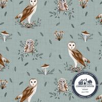 Dusty Blue Owl Fabric by the Yard, Woodland Bird Print, Petit Faon