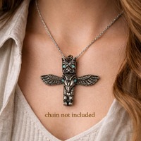 Totem Thunderbird Raven Pendant Heavy Metal Southwest Owl Turquoise Inlay 2.5”