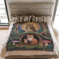Owl Fox Forest Woven Throw Blanket, Cottagecore Nature Decor, Woodland Gift