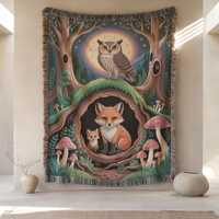 Owl Fox Forest Moon Woven Throw Blanket, Cottagecore Nature Decor, Animal Lover Gift