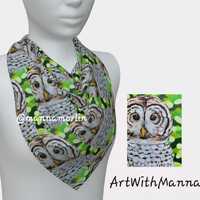 Owl Square Scarf in Silk or Polyester, Unique Wearable Bird Art