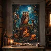 Enchanted Forest Owl Tapestry, Woodland Animal Wall Hanging, Fox Deer Rabbit Moonlit Nature Decor, M