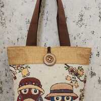Handmade Jute Tote Bag 13x15 Inch, Owl Print Shoulder Bag, Eco Friendly Shopping Bag, Large Fabric T