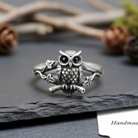 Handmade Silver Owl Ring, Woodland Branch Jewelry, Nature Inspired Adjustable Band