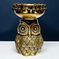 9 Inch Brass Urli with Owl Base, Handcrafted Decorative Bowl with Bells