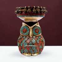9 Inch Brass Designer Urli with Owl Base, Inlay Stone Decor Bowl
