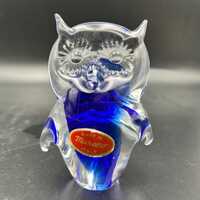 Murano Italy Art Glass Owl Figurine Blue Clear Hand Blown Paperweight Vintage