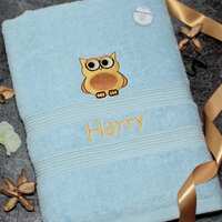 Personalised Bath Towel – Owl Embroidery and Name on Pink Blue or White Towelling