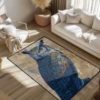 Mystical Blue Owl Area Rug, Vintage Bird Floor Mat, Gold Accents Carpet For Living Room, Dark Academ