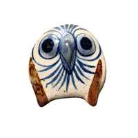 Vintage 70s Miniature 2" Tonala Pottery Owl Signed WV Beige Blue Brown