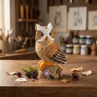 Whimsical Hand-Carved Wooden Owl Figurine, Rustic Woodland Animal Decor, Unique Bird Sculpture, Natu