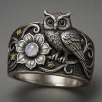 Sterling Silver Owl Ring Wide Band Flower Gemstone Statement Ring, Vintage Owl Jewelry, Boho Nature 