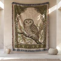 Woven Owl Blanket, Art Nouveau Forest Throw, Earthy Sage Green Cotton Wrap, Mistletoe Pinecone Tapes