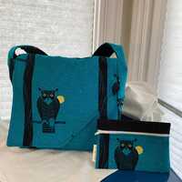 Charlie Harper Owl Canvas Fabric Reversible Crossbody Bag with Matching Zip Pouch