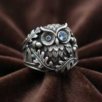 Owl Sterling Silver Ring with Blue Stones, Nature Inspired Statement Band, Woodland Bird Jewelry