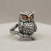 Sterling Silver Owl Ring, Amber Eyes, Nature Inspired Bird Jewelry