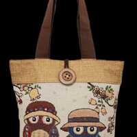 Handmade Jute Tote Bag 13x15 Inch, Owl Print Shoulder Bag, Eco Friendly Shopping , Large Reusable Fa