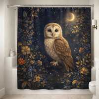 Owl Shower Curtain, Moonlit Forest Bathroom Decor, Dark Cottagecore Bath Curtain, Vintage Floral Nig