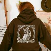 Woodland Owl Hoodie, Botanical Nature Graphic Sweatshirt, Cozy Forest Pullover