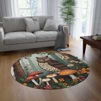 Forest Owl with Mushrooms Round Rug | Woodland Animal Circle Rug