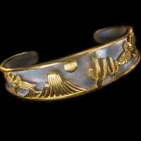 Owl Moon Cactus Cuff Bracelet Bangle 18K Gold Vermeil Mother of Pearl