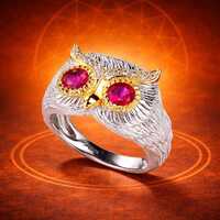 Crimson Gaze Owl Ring, Feathered Wisdom: Ruby-Eyed Owl Ring, Guardian of the Night – Diamond &