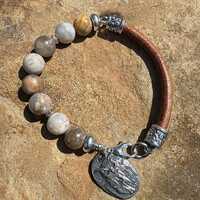 Leather And Jasper Beaded Pewter Owl Bracelet, Rustic Style