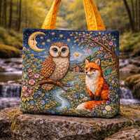 Whimsical Owl and Fox Quilted Tote Bag, Nature Inspired Handbag, Floral Woodland Design, Gift for An