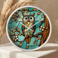 Owl Wall Clock | Stained Glass Design Clock, Floral Tree Design, Turquoise and Brown