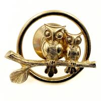 Vintage Avon Signed Gold Plated Owl Tie Tac, Two Owls on a Branch Lapel Pin, Retro Gold Tone Bird Br