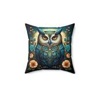 Art Deco Owl Pillow, Teal Gold Floral Cushion, Vintage Glam Home Accent