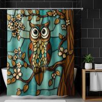 Colorful Stained Glass Owl Shower Curtain, Whimsical Woodland Bird Art, Nature Bathroom Decor, Artis