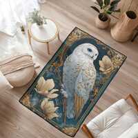 Mystical White Owl Rug, Snowy Owl Area Rug, Gold Floral Bird Carpet, Wizard Room Decor, Nature Lover