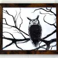 Framed Original Owl Charcoal Drawing, 11&rdquo;x9&rdquo;, great-horned bird animal