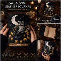 Personalized Owl Moon Leather Journal, Soft Buff Leather Notebook, Witchy Grimoire Diary, UV Printed
