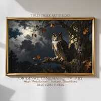 Horned Owl Artwork, Frame TV Art, Moody Moonlit Forest Wildlife Display (Digital Download)