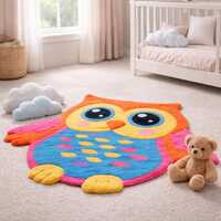 Colorful Owl Kids Rug &ndash; Hand Tufted Wool Nursery Carpet, Soft Plush Play Mat for Baby Room, Cu