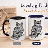Owl Mug Black Ink Design, Cottagecore Coffee Mug, Book Lover Gift, Witchy Owl Cup, Nature Art Mug, G