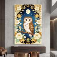 Elegant Living Room Wall Decor, Framed Owl Illustration, Midnight Blue and Gold Canvas, Symmetrical 
