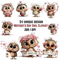 Whimsical Mothers Day Owl Clipart: Floral Gift Illustration Bundle (Digital Download - 54 PNGs)
