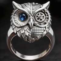Steampunk Mosaic Owl Ring – Geometric Pixel Sterling Silver Ring, Mechanical Animal Design, Cu