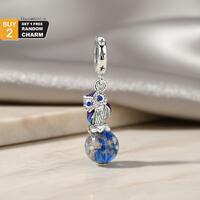 925 Sterling Silver Owl on Galaxy Glass Globe Dangle Charm with Blue CZ Eyes and Star Engraved Bail 
