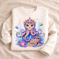 Cute Owl Octopus PNG, Fantasy Ocean Animal, Kawaii Sea Creature, Treasure Chest Art, Colorful Sublim