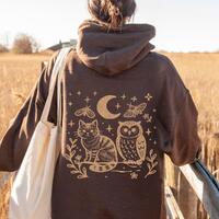 Woodlands Cat And Owl Hoodie, Cat And Owl Hoodie, Forest Animal Sweatshirt, Cottagecore Hoodie, Pull